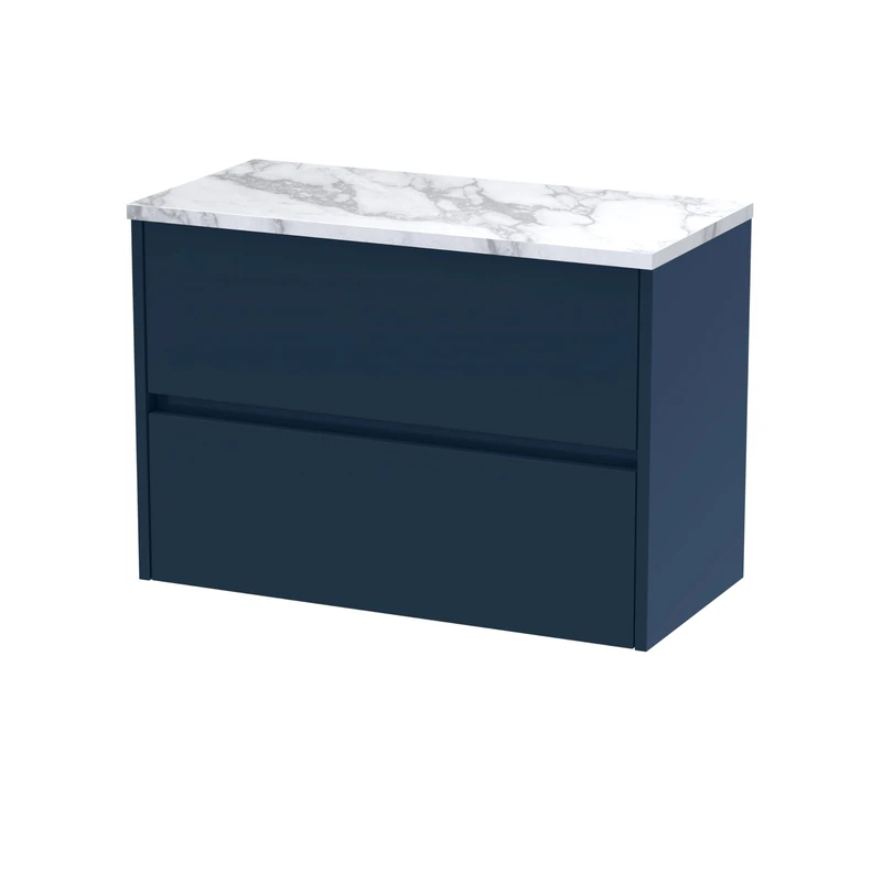 Hudson Reed HAV2906LCM Havana Modern Bathroom Wall Hung 2 Soft Close Drawer Vanity Unit and Carrera Marble Laminate Worktop, 800mm, Midnight Blue