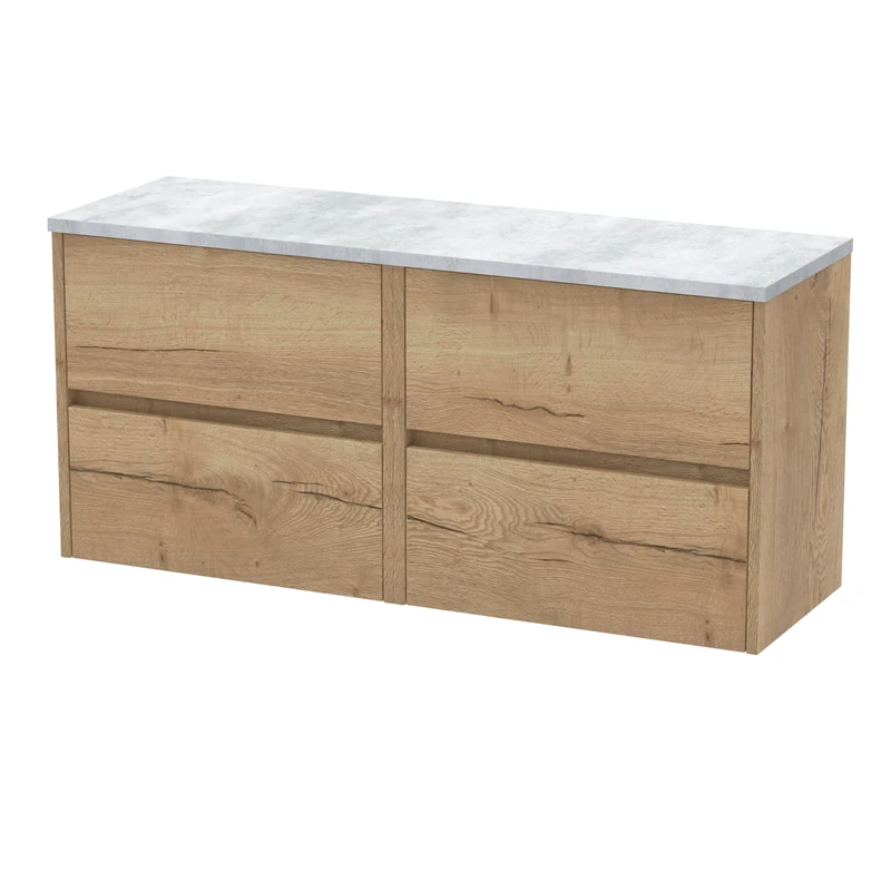 Hudson Reed HAV804LBG2 Havana Modern Bathroom Wall Hung 4 Soft Close Drawer Vanity Unit and Bellato Grey Laminate Worktop, 1200mm, Autumn Oak