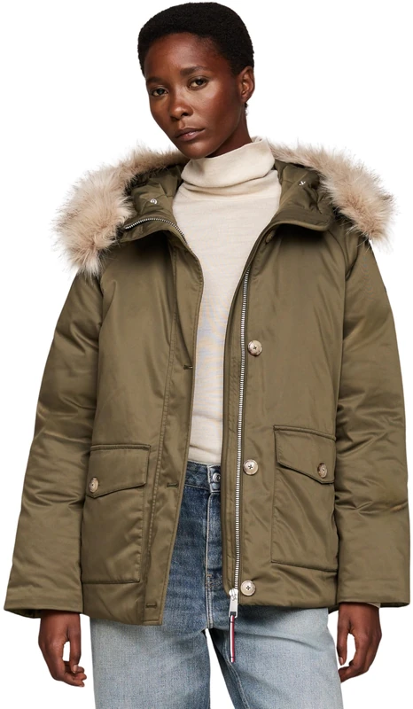 Tommy Hilfiger Women’s Padded Parka with Fur and Button Placket, Multicolor (Army Green), XS - Image 1
