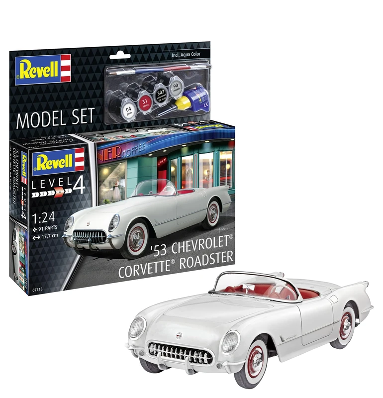 Revell Model Set 67718 '53 Chevrolet® Corvette® Roadster 1:24 Scale Unbuilt/Unpainted Plastic Model Kit with Contacta Professional Glue, Paintbrush & Selected Aqua Color Paints - Image 1