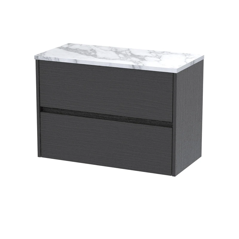 Hudson Reed HAV2206LCM Havana Modern Bathroom Wall Hung 2 Drawer Vanity Unit and Carrera Marble Laminate Worktop, 800mm, Graphite Grey Woodgrain