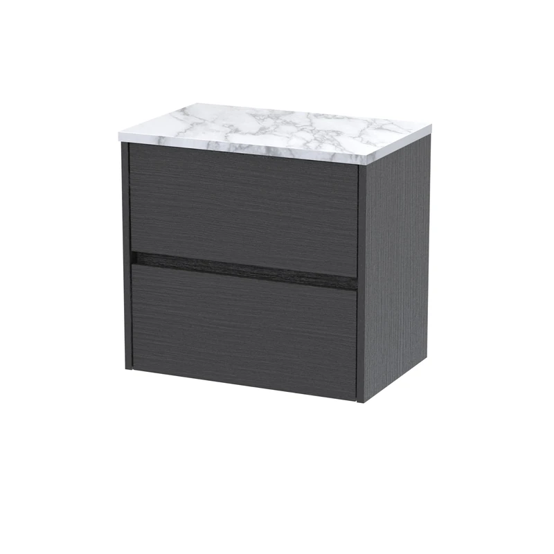Hudson Reed HAV2204LCM Havana Modern Bathroom Wall Hung 2 Drawer Vanity Unit and Carrera Marble Laminate Worktop, 600mm, Graphite Grey Woodgrain