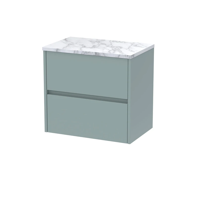 Hudson Reed HAV2304LCM Havana Modern Bathroom Wall Hung 2 Soft Close Drawer Vanity Unit and Carrera Marble Laminate Worktop, 600mm, Coastal Grey
