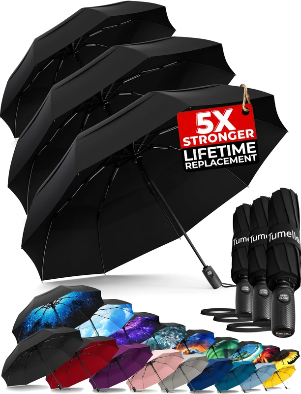 TUMELLA Strongest Windproof Travel Umbrella (Compact, Superior & Beautiful), Small Strong but Light Portable and Automatic Folding Rain Umbrella, Durable Premium Grip, Fits Car & Backpack Triple Black