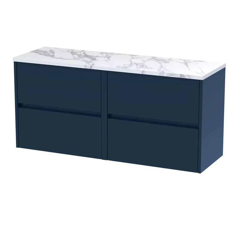 Hudson Reed HAV2904LCM2 Havana Modern Bathroom Wall Hung 4 Soft Close Drawer Vanity Unit and Carrera Marble Laminate Worktop, 1200mm, Midnight Blue