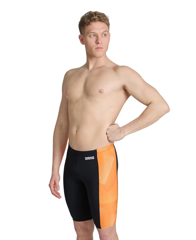 Arena Mens Halftone Competitive Racing Jammers for Intensive Swimming, Reduced Drag Swimsuit,Black-Team Orange