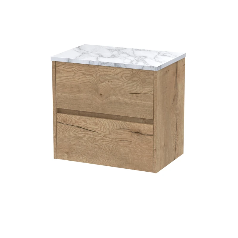 Hudson Reed HAV804LCM Havana Modern Bathroom Wall Hung 2 Soft Close Drawer Vanity Unit and Carrera Marble Laminate Worktop, 600mm, Autumn Oak