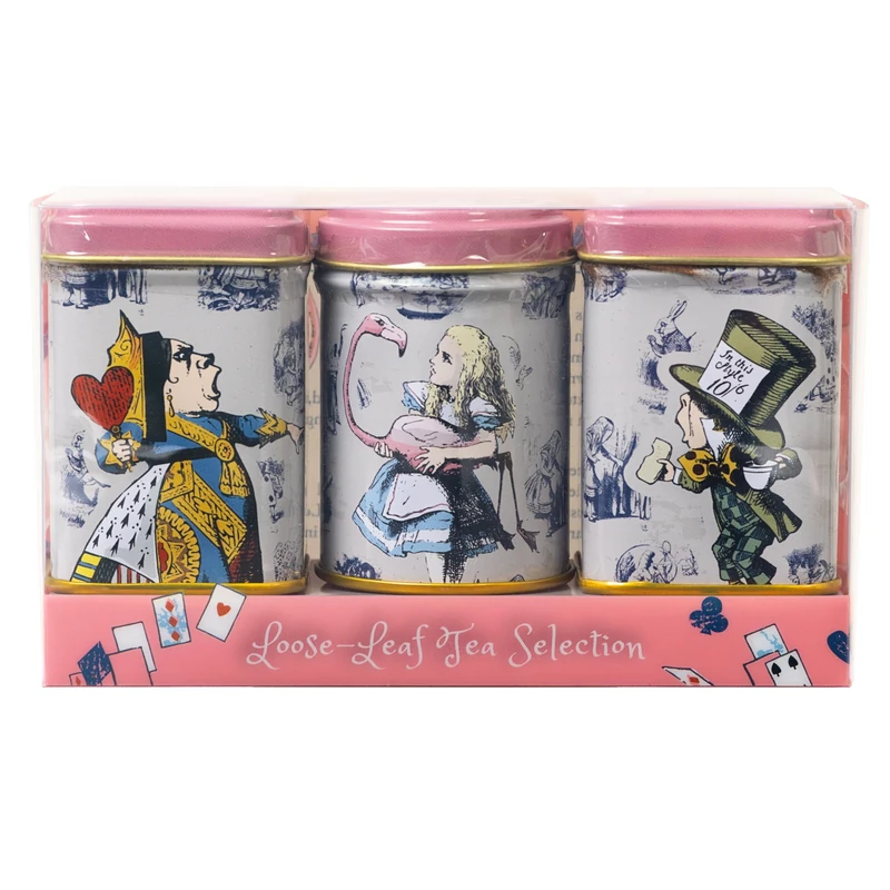 New English Teas Alice in Wonderland Pink 3x Mini Tea Tins with 3 Blends - English Breakfast, English Afternoon & Earl Grey