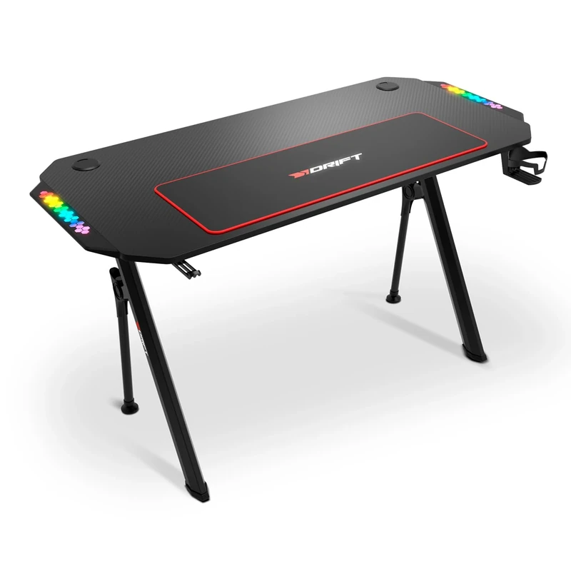 DRIFT GAMING DRDZ175RGB - Gaming Table with Carbon Fiber Board, Drink Holder and Headphones, Sound Reactive RGB Sides, Mat 80 x 30 cm, Black