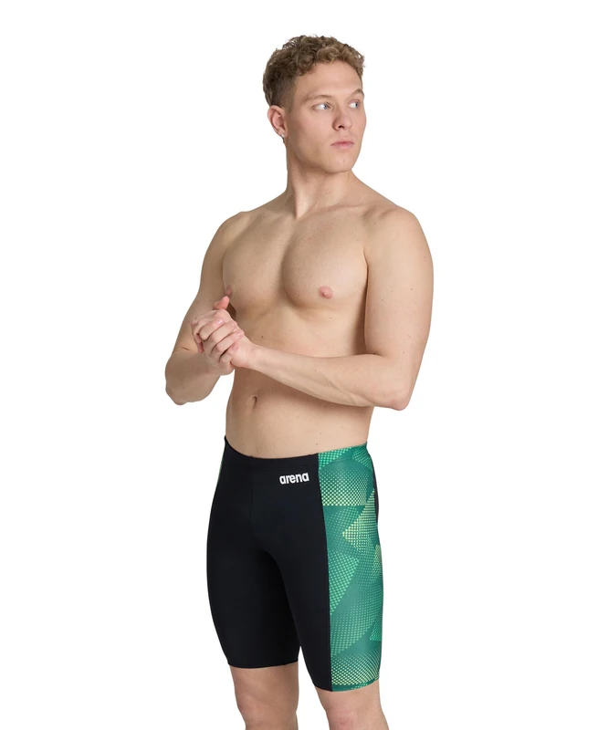 Arena Mens Halftone Competitive Racing Jammers for Intensive Swimming, Reduced Drag Swimsuit, Black-Team Green, 20