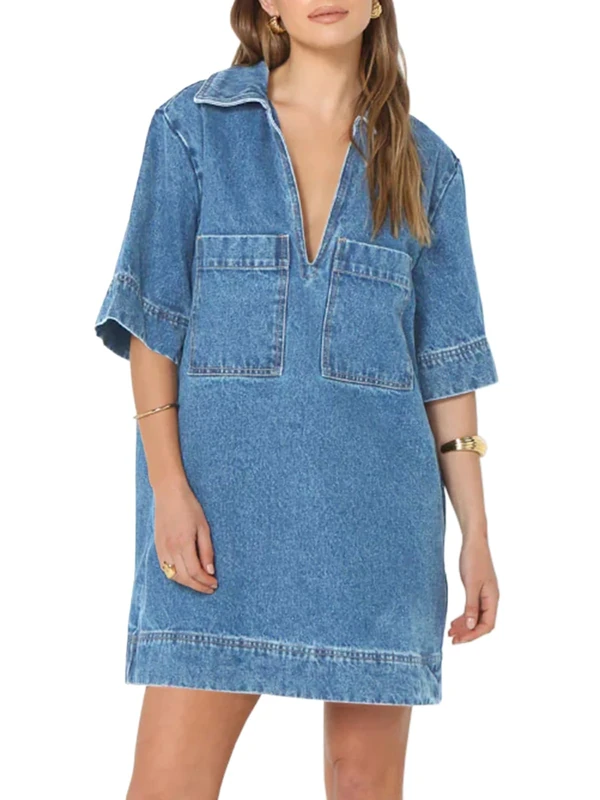 Fisoew Womens Denim Shirt Dress Summer Collared V Neck Mini Casual Jean Dresses with Pockets, Light Blue, L
