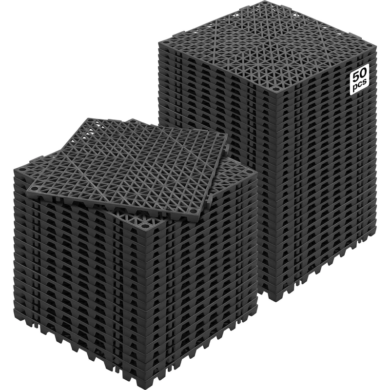 VEVOR Modular Interlocking Cushion, 50 Pack 30 x 30 cm Splicing Drainage Mats, Soft PVC Interlocking Drainage Floor Tiles, Non-Slip Drainage Hole for Restroom, Bathroom, Kitchen, Pool, Wet Area, Black