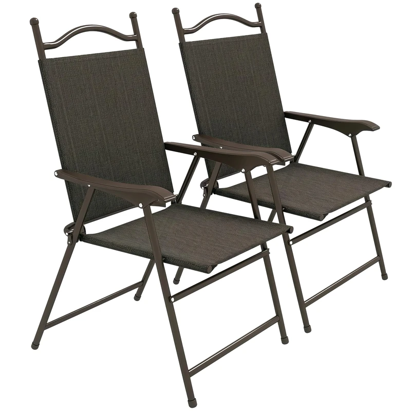 Outsunny Folding Chairs Set of 2, Garden Chair with Armrest, Breathable Mesh Fabric Seat, Camping Sports Chairs for Adults, Dark Brown