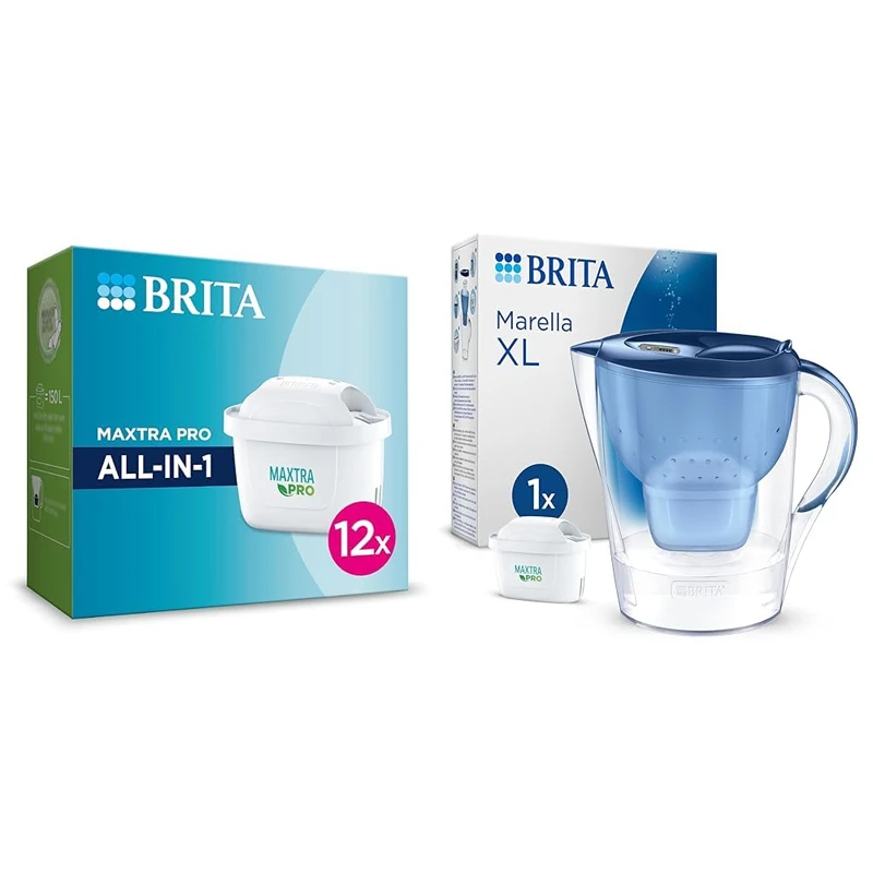 BRITA MAXTRA PRO All-in-1 Water Filter Cartridge 12 Pack (NEW) & Marella XL Water Filter Jug Blue (3.5L) incl. 1x MAXTRA PRO All-in-1 Cartridge
