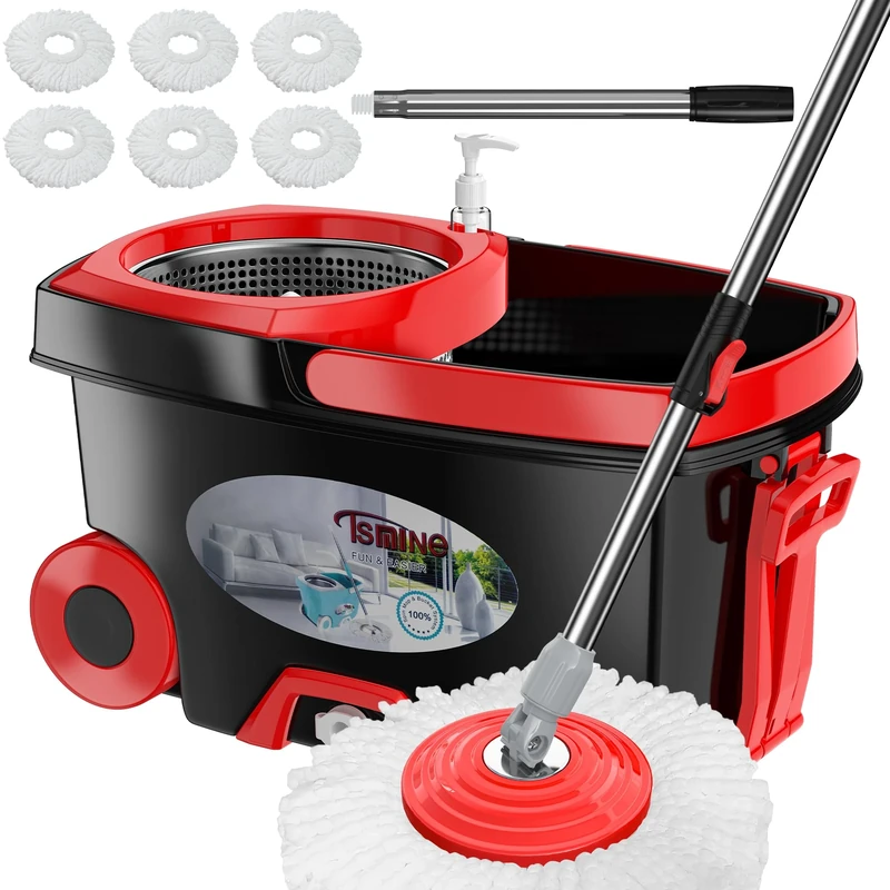 FunClean Spin Mop and Bucket,Mop and Bucket with Wringer Set for Home,360 Spinning Mopping Floor Cleaning Tool with 6 Microfiber Replacement Head Refills,61" Extended Handle, 2X Wheel - Black