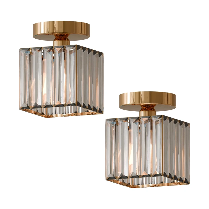 LEDSone 2 Pack Crystal Chandeliers Ceiling Light Modern Ceiling Lighting Fixtures Semi Flush Mount Gold Ceiling Light for Bedroom Kitchen Dining Room Hallway Bathroom Gold