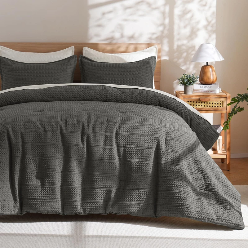 PHF 3 Piece P Waffle Comforter Bedding Set Grey Queen US