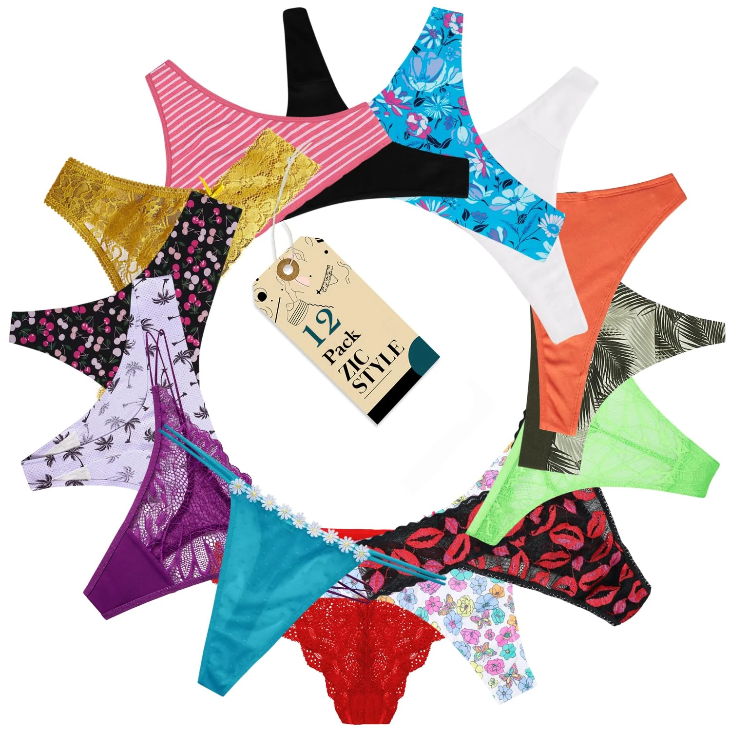 Zic style Women’s Thongs Multipack – 12 Pack Cotton & Lace G-String Panties, Seamless No-Show Low-Rise Underwear for Everyday Comfort (Assorted Colours)