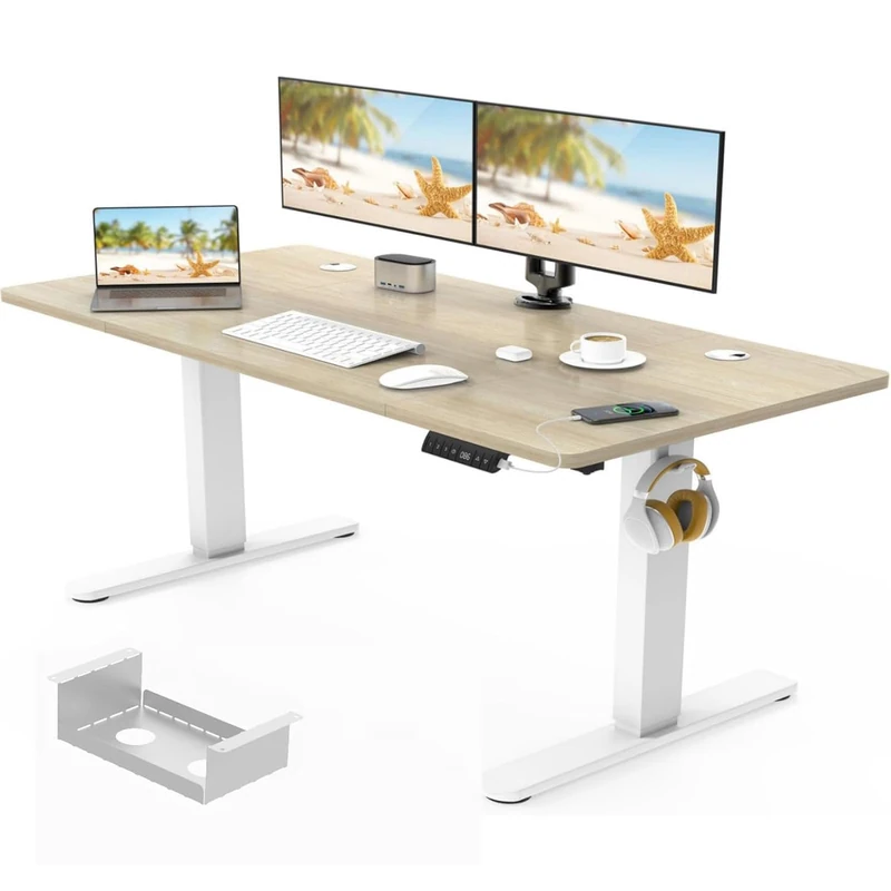 Devoko 160 x 80cm Electric Standing Desk with USB Charging Port (New Sedentary Reminder), Height Adjustable Standing Desk with Cable Tray, Small Sit Stand Desk for Home Office (beige)