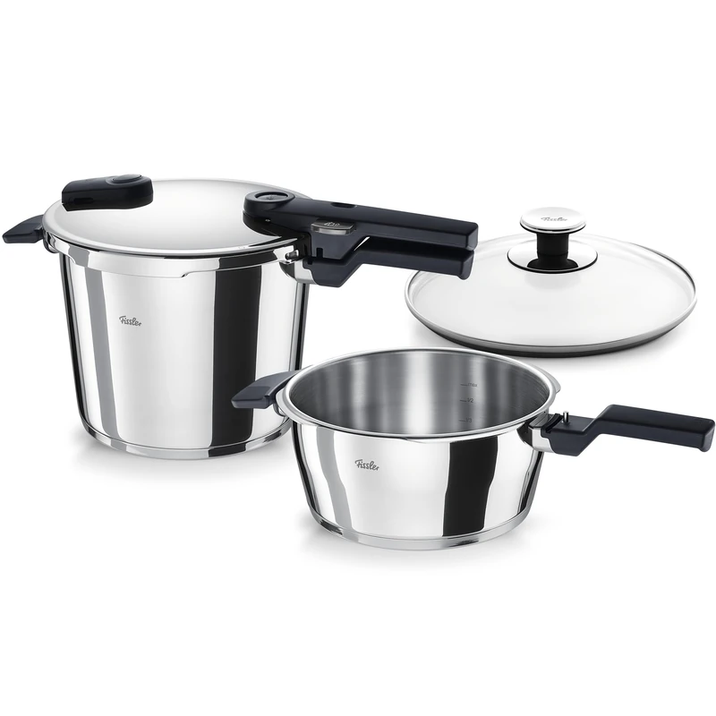 Fissler Vitaquick Pressure Cookers Set of 3 (2 Pressure Cookers with Metal Lids 3.5 L and 6 L, 1 Extra Glass Lid), Induction