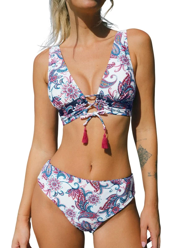 CUPSHE Women Bikini Sets Deep V Neck Self Tie Reversible Mid Waisted Bikini Bottom Two Piece Swimsuits Swimming Costume White/Paisley XS