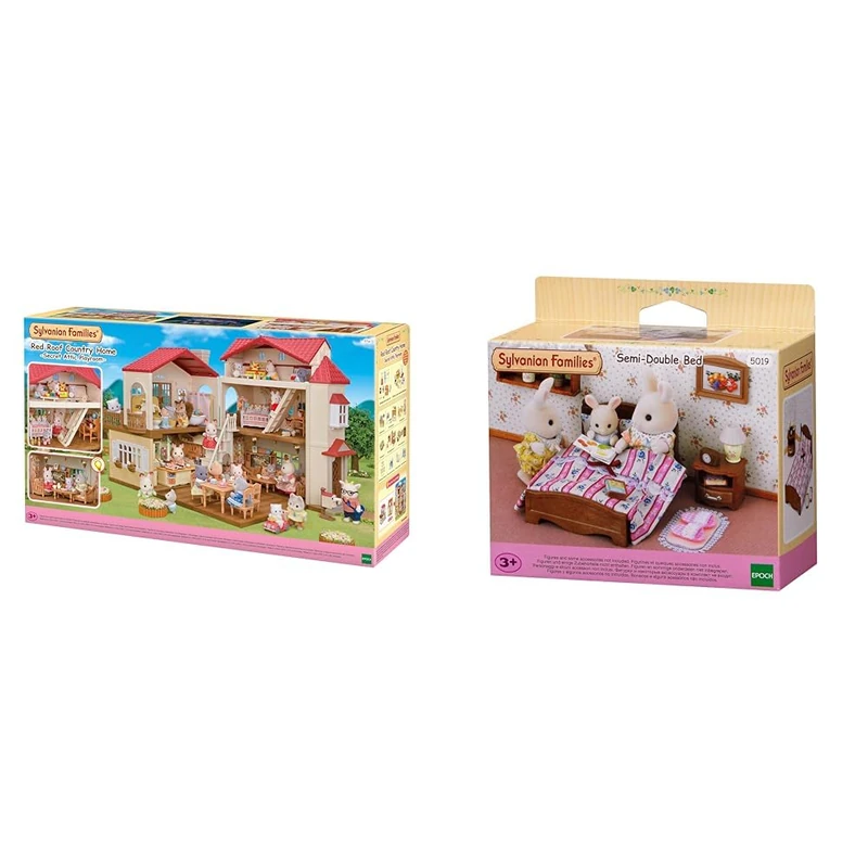 Sylvanian Families Red Roof Country Home -Secret Attic Playroom- & Semi-Double Bed, Multicolor, 4.9 x 2.3 x 4.7 cm, Dollhouse Playset, Bed, Children, Kids