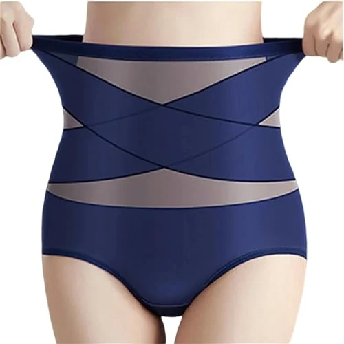 CBLdF Underwear Women Seamless Women High Waist Panties Cross Tummy Control Underwear Thin Underpants-Dark Blue-Xxl 65-75Kg