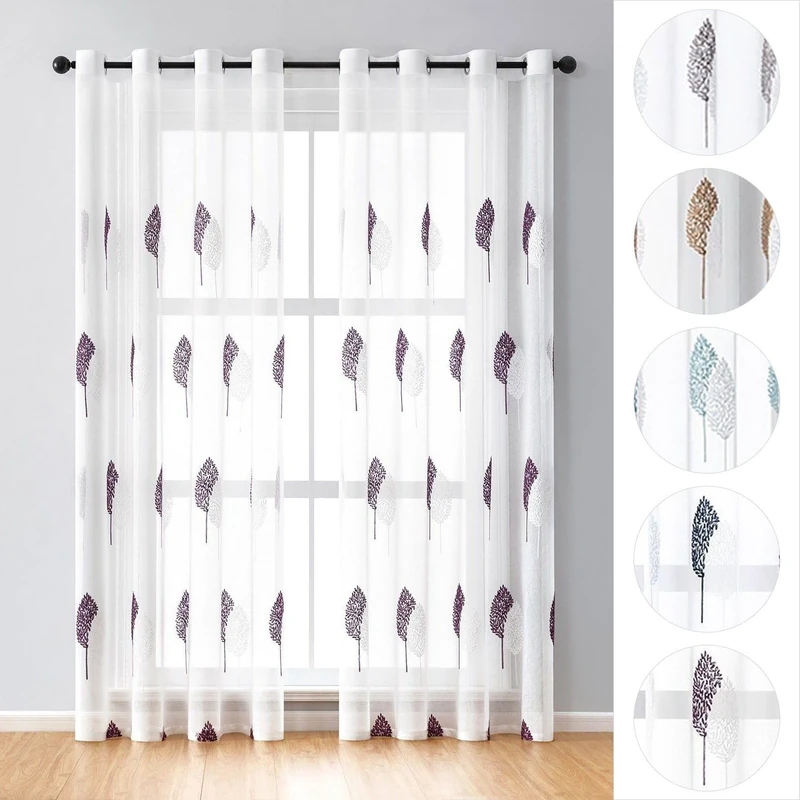 BYSURE Set of 2 curtain leaves embroidery with eyelets, voile, floral curtains, 140 x 225 cm, purple