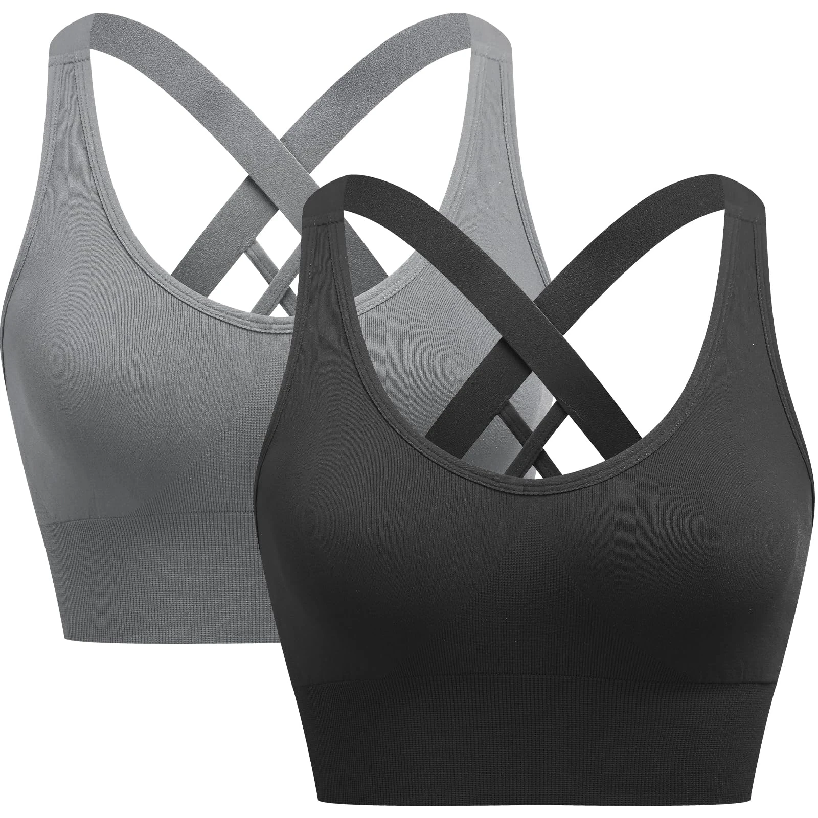 ANGOOL Seamless Removable Padded Sports Bra, Cross Back Yoga Fitness Workout Bra,Black+Gray,M