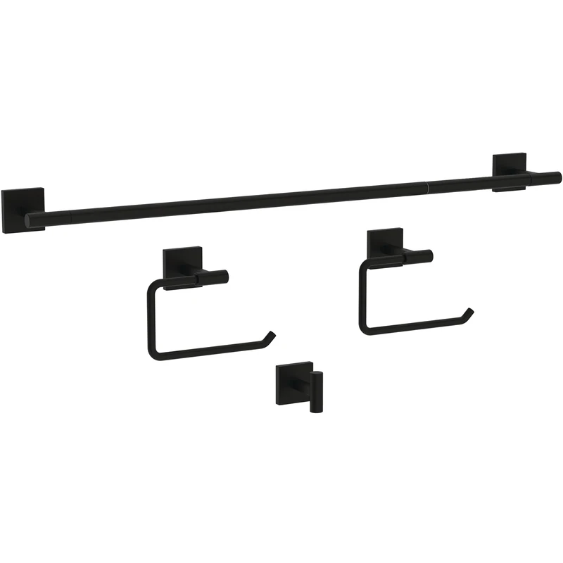 Franklin Brass NASH64-MB Nash 4-Piece Bath Hardware Set 18 in. Towel Bar w/Extender, Toilet Toilet Paper Holder, Towel Holder, Towel Hook in Matte Black