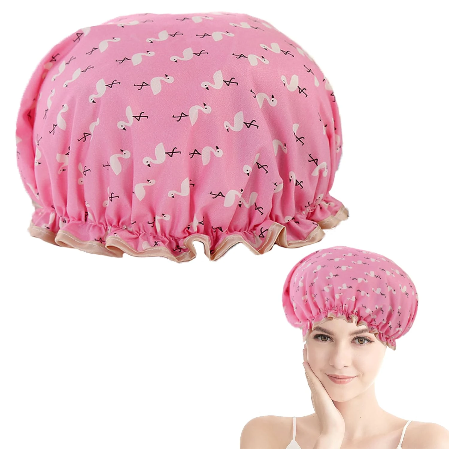 Double Layer Shower Cap for Women Waterproof Reusable Elastic Band, Ruffled Edges Covering Ears for Long, Short & Curly Hair (Pink Bird)
