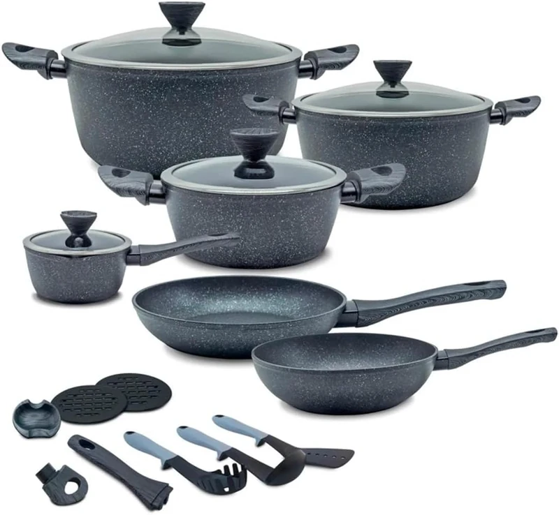 Avilia Set of 18 Non-Stick Forged Aluminium Cookware with Marble Rough Coatings - Suitable for Any Hob, Including Induction - 18 Piece Cookware Set with Bakelite Handles