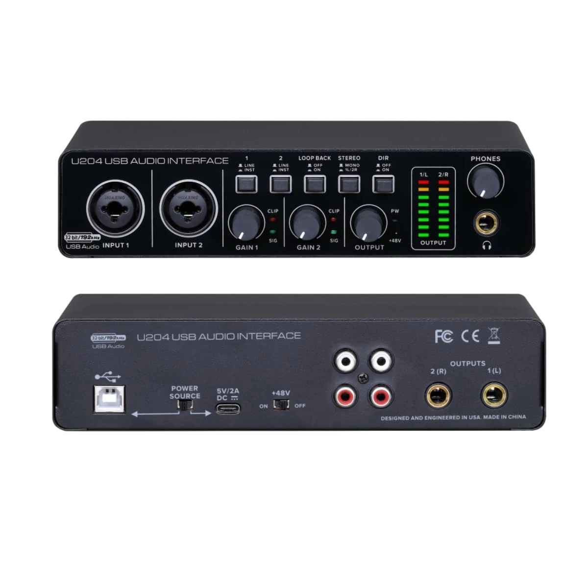 BOMGE U204 USB Audio Interface for PC Computer Recording Music, 2x2 Guitar Audio Interface for Mac 32Bit/192kHz Podcasting Streaming for Vocalist Producer with 48V Phantom