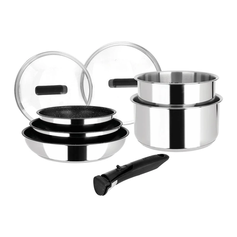 Sitram 8-Piece Stainless Steel Cookware Set: 3 Frying Pans (20-24-28 cm) + 2 Saucepans (16-18 cm) + 2 Glass Lids (16-18 cm) + Removable Handle, Suitable for All Heat Sources