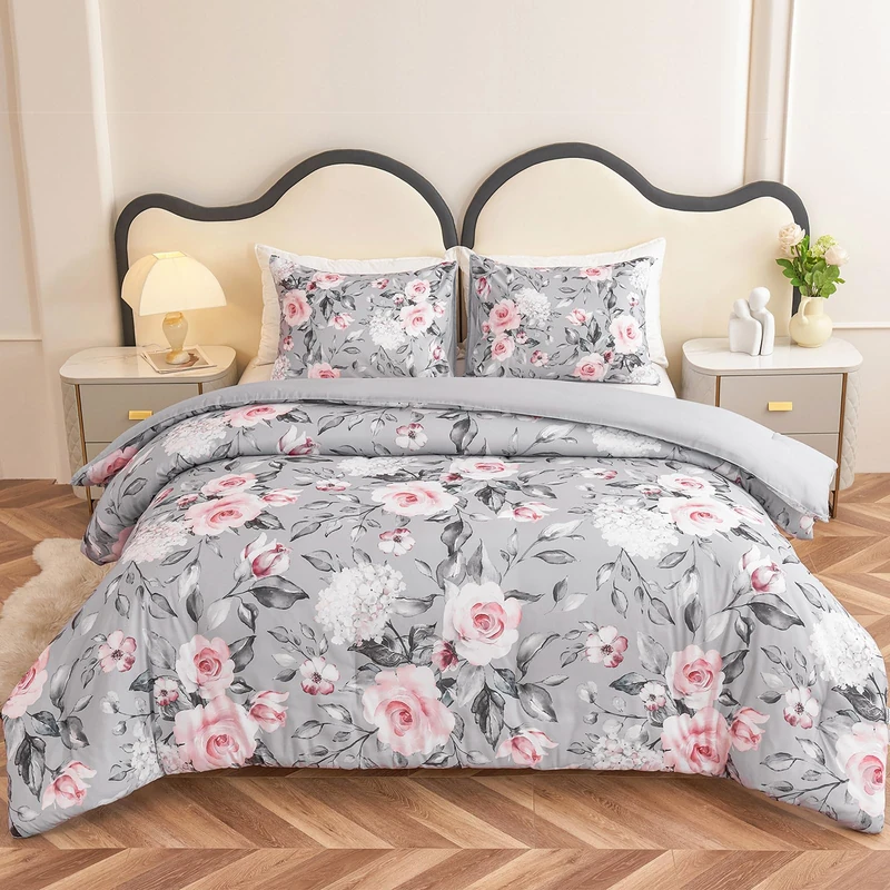 Koniroom 3 Pieces Pink and Grey Comforter Set King Size, Floral Bedding Sets King with Pink Cute Flowers Pattern Printing, Reversible All Season Comforter with 2 Pillow Shams