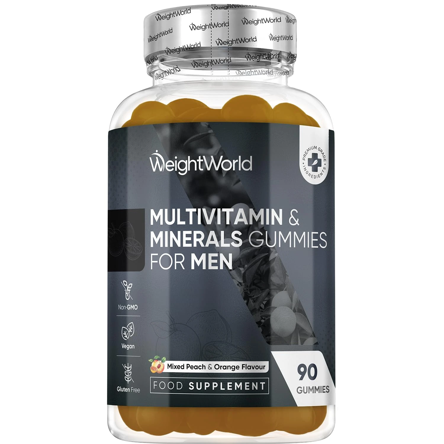 Multivitamin Gummies for Men | 90 Vegan Gummies | with Added Herbal Extracts Like Maca, Panax Ginseng | 8 Multivitamins and 4 Minerals | Mixed Peach & Orange Flavour | Gluten-Free & Non-GMO