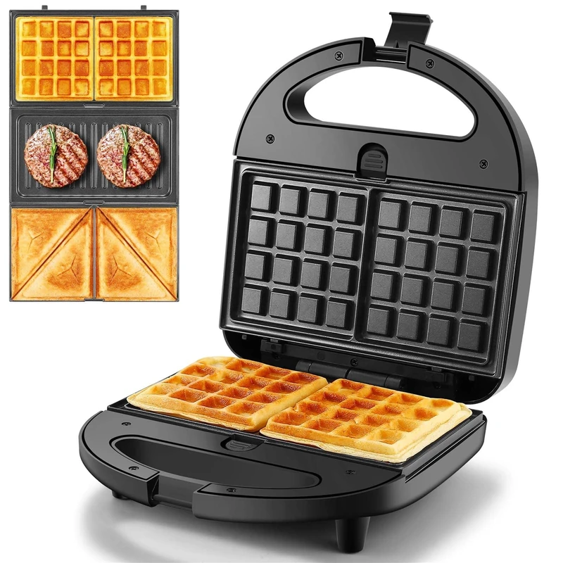 YASHE Sandwich Toaster 3-in-1, Waffle Maker Panini Presses Set, 750 W Snack Maker with Removable Plates, LED Indicator Lights
