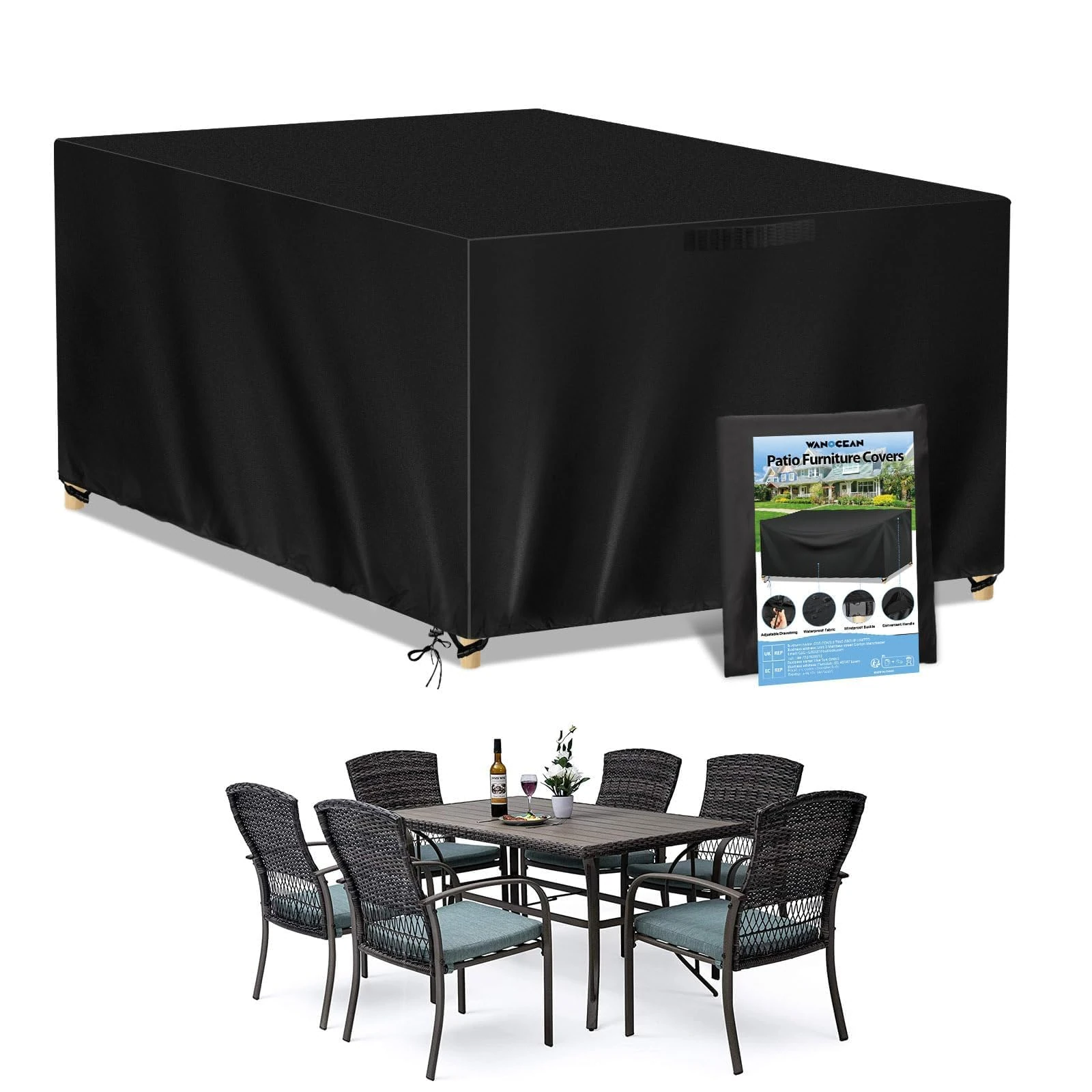 Wanocean Garden Furniture set Covers, Outdoor Patio Furniture Cover Waterproof 420D Oxford Anti-UV Tear-Resistant Rectangular Rattan Furniture Covers 180x120x74cm