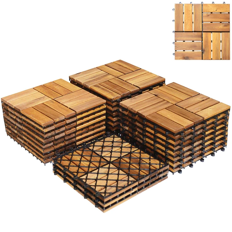 GiantexUK 27 PCS Decking Tiles, 30x30cm Acacia Interlocking Flooring Tiles, Hardwood Plastic Square Deck Boards Floor for Outdoor Indoor Patio Garden Balcony Terrace