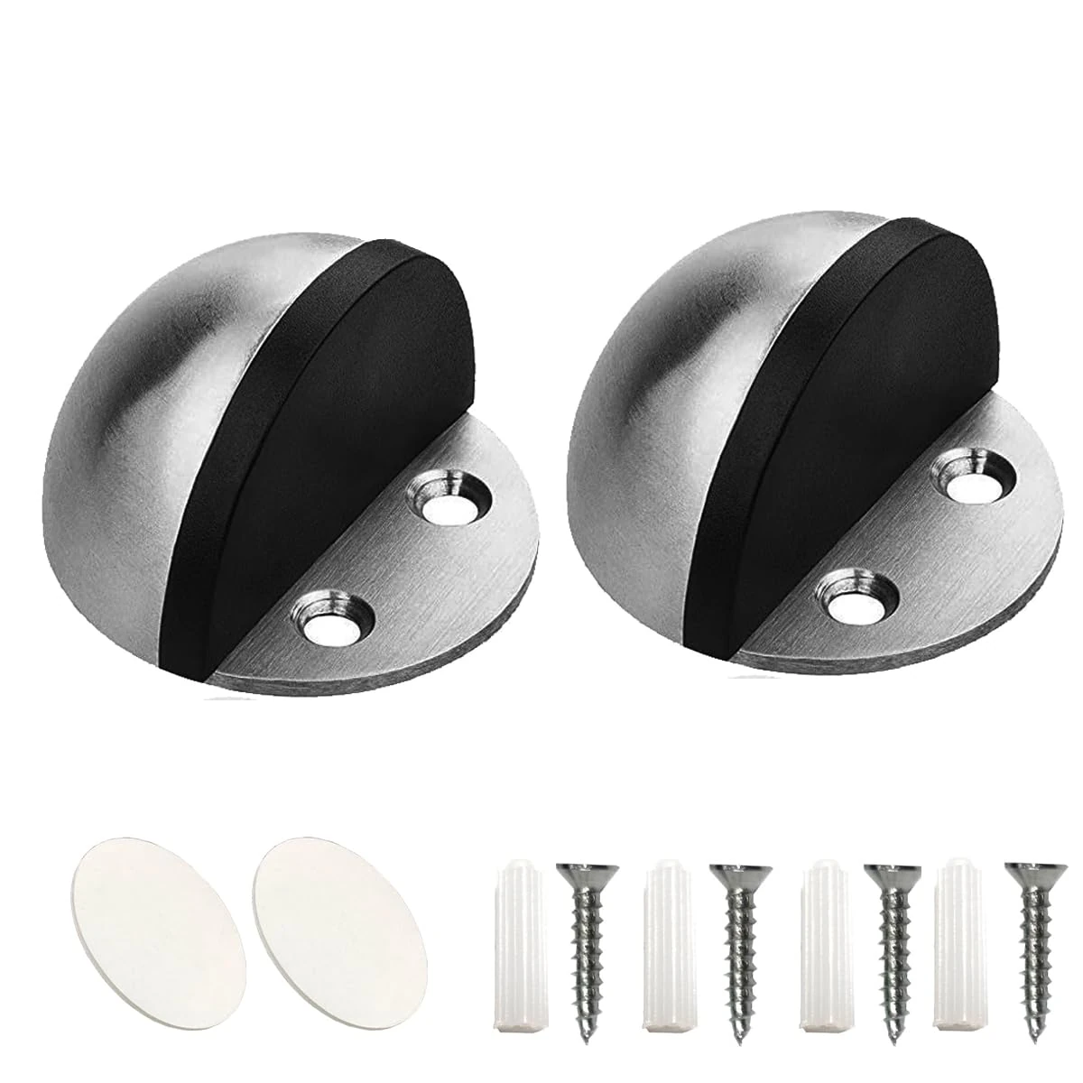 Gendewiner Stainless Steel Door Stopper, 2 Pack, Heavy Duty, Sound Dampening Rubber Buffer, Floor Mounted with Screws or Self Adhesive Pads, Smooth Planes & Flat Surfaces, DIY, Silver