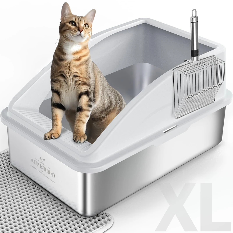 AIPERRO Stainless Steel XL Enclosed Cat Litter Box With Lid for Big Cats | High Sided, Anti-Urine Leakage | Non-Stick Bottom & Includes Mat & Metal Scoop