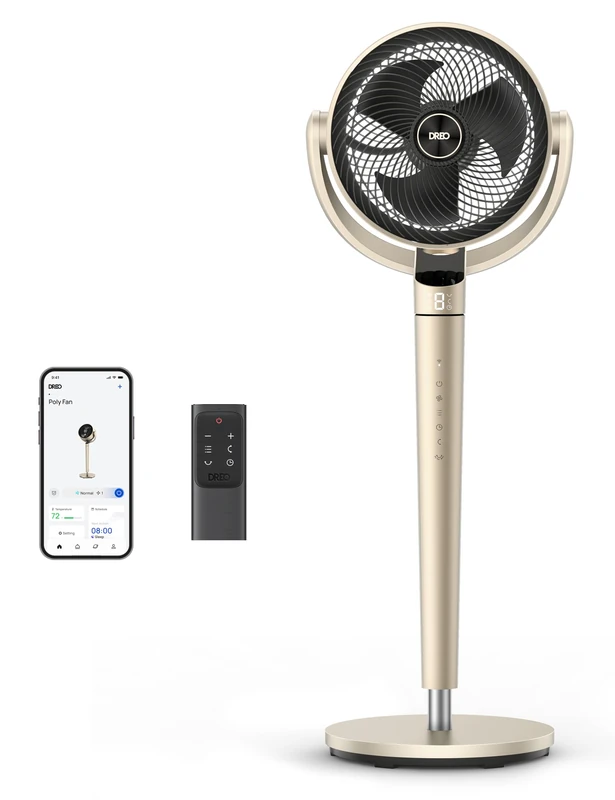 Dreo - Pedestal Fan with Remote, PolyFan 704S, 43" Quiet Standing Fan for Home Bedroom, 120°+105° Smart Oscillating Floor Fans Gold - Image 1