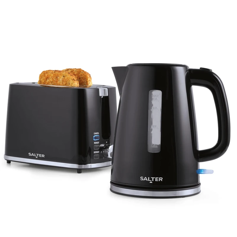 Salter COMBO-9133 Deco Kettle and Toaster Set – Rapid Boil 3 kW Kettle With Removable Limescale Filter, 2-Slice Wide Slot Electric Toaster, Crumb Tray, Self-Centring, Water Level Indicator, Black