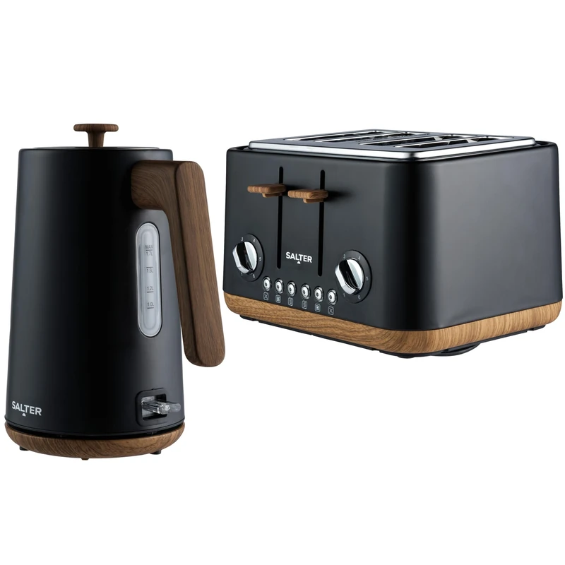 Salter COMBO-9135 Toronto Kettle and 4-Slice Toaster Set – 1.7 L Fast Boil Kettle With Limescale Filter, Wide Toasting Slots, High-Lift Eject, Wood Effect, 6 Browning Levels, 3000/1630 W, Matt Black