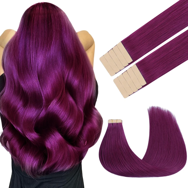 GOO GOO Tape in Hair Extensions Human Hair, Violet 10pcs 25g 16inch, Colored Tape ins Human Hair Extensions, Silky&Soft Invisible Tape Ins, Straight Remy Hair Highlighted for Party