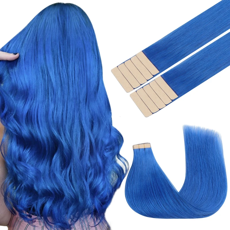 GOO GOO Tape in Hair Extensions Human Hair, Blue 10pcs 25g 18inch, Colored Tape ins Human Hair Extensions, Silky&Soft Invisible Tape Ins, Straight Remy Hair Highlighted for Party