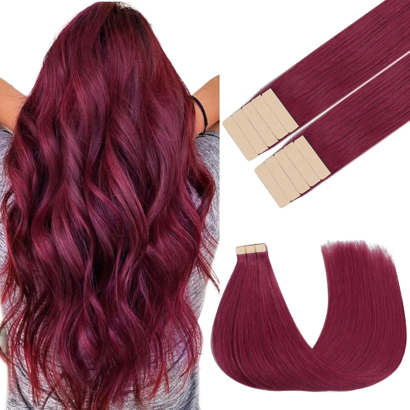 GOO GOO Tape in Hair Extensions Human Hair, Burgundy Red 10pcs 30g 22inch, Colored Tape ins Human Hair Extensions, Silky&Soft Invisible Tape Ins, Straight Remy Hair Highlighted for Party