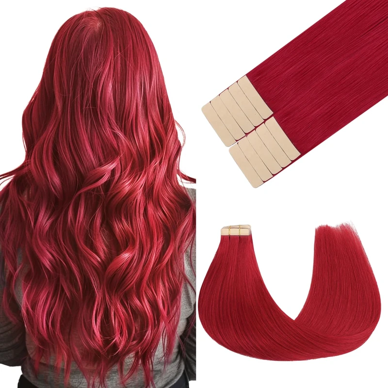 GOO GOO Tape in Hair Extensions Human Hair, Red 10pcs 25g 16inch, Colored Tape ins Human Hair Extensions, Silky&Soft Invisible Tape Ins, Straight Remy Hair Highlighted for Party