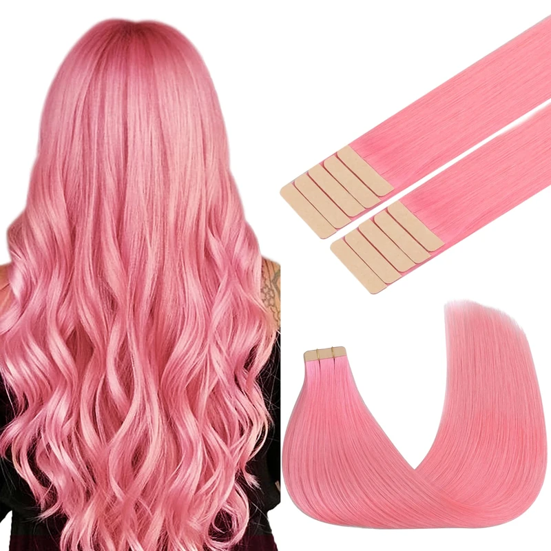 GOO GOO Tape in Hair Extensions Human Hair, Peach Pink 10pcs 25g 14inch, Colored Tape ins Human Hair Extensions, Silky&Soft Invisible Tape Ins, Straight Remy Hair Highlighted for Party