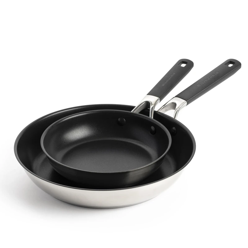 KitchenAid Classic Stainless Steel PFAS-Free Healthy Ceramic Non-Stick 2-Piece Frying Pan Skillet Set, 20 cm and 28 cm, Clad, Induction, Stay-Cool Handle, Oven Safe up to 160°C, Silver